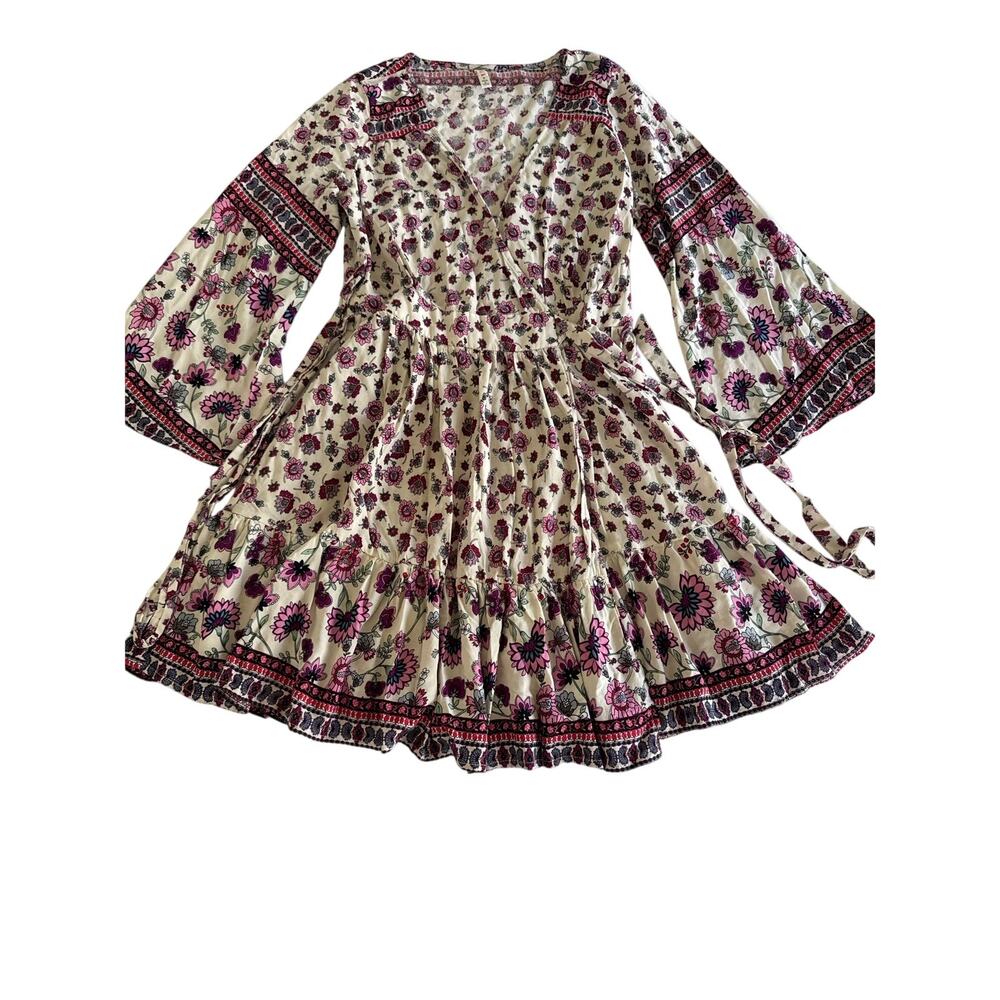 Raga Women’s XS Floral Boho Romper Dress Cream Pink Bell Sleeve Festival